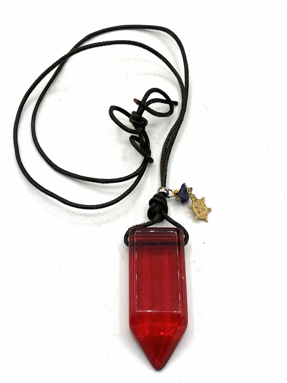 Red Lucite Acrylic Pendant Necklace Leather Cord Turtle Arrow Charm 24”